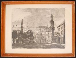 Blahos Rudolf (1917-1986): Sopron. Rézkarc, papír, jelzett, üvegezett keretben, 31×42 cm