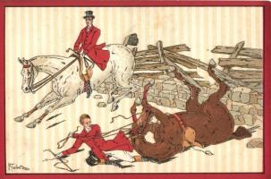 Fox hunters accident, art postcard, litho s: P. Fabatz