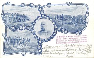 Ő felsége a Király jelenléte alkalmával 1901. s zeptember havában Görcsöny és Dolni-Mihojlac mellett lefolyt nagy hadgyakorlatok emlékéül / K.u.K. military, field practice memorial card, Franz Joseph, Art Nouveau floral