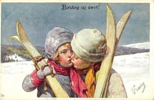 New Year, kissing children, B.K.W.I. 613-3. s: K. Feiertag