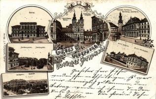 Sopron, Casino, Domonkos templom, Városház és Várostorony, Törvényház, Széchenyi tér, Deák tér; litho, floral, Art Nouveau (EK)