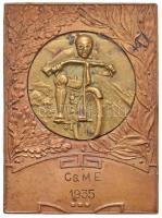 1935. "Cs.M.E." aranyozott fém motoros díjplakett (42,5x58mm) T:2 Hungary 1935. "Cs.M.E." gilt metal motor award plaque (42,5x58mm) C:XF