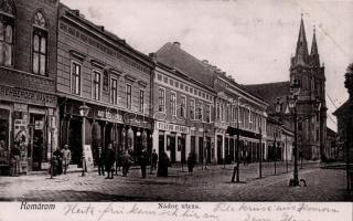 Komárom, Komárno; Nádor utca, Rehberger Sándor fűszer és lisztkereskedése, Nagy Géza és Gyula boltja, Fektor György boltja / street and shops (Rb)