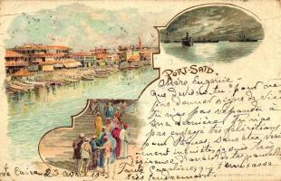 Port Said, folklore, ships, Art Nouvea litho (EB)
