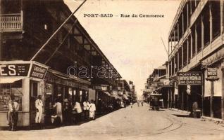 Port Said, Rude du Commerce / street, Sterilized milk in bottles shop, Engelhardt and A. Vafiadis cigarettes, D. Argyropulo Weening & Co., omnibus