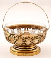 Dekoratív ezüstözött réz kosárka, üveg betéttel, m:13 cm