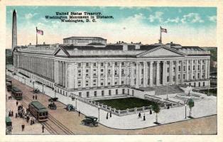 Washington, monument, United State Treasury, trams, automobiles