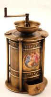 Antik réz kávédaráló, porcelán kis mitológiai jelenettel, matricás, jelzés nélkül, / Vintage brass coffe grinder m:17 cm