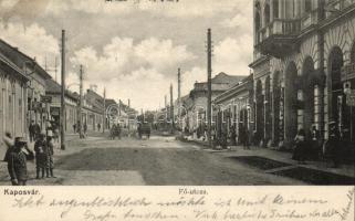 Kaposvár, Fő utca, Révész József boltja, a Lengyel testvérek boltja, lovaskocsi ,Szalai Ferenc kiadása