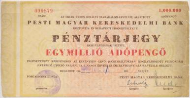 Budapest 1940. "Pesti Magyar Kereskedelmi Bank Központja és Budapesti Fiókosztályai" pénztárjegye 1.000.000AP-ről bélyegzésekkel T:III