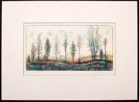 Gross Arnold (1929-2015): Búcsú a nyártól. Színes rézkarc, papír, jelzett, paszpartuban, 13×25 cm