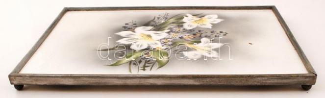 Virágos tálca, festett mázas fajansz, ón peremmel és lábbal, 43×28 cm