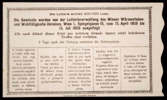 1908 Dekoratív litho Warmestuben lottószelvény, 1 koronás, Bécs. Szép állapotban, 10x17cm