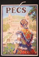 cca 1930 Pécs kartonra nyomatott turisztikai plakát, Klösz színes ofszet, Pécsi Pilch Dezső, 23x17cm