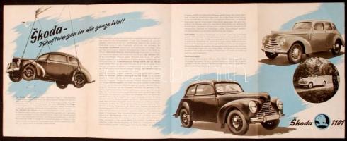 1949 Skoda 1101 képekkel illusztrált autókatalógus német nyelven, kihajthatós nyomtatvány, 28x70cm