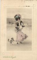 New Year, Lady with dog, P.T.L. Art de Vienne No. 121., artist signed (EK)