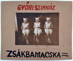1933 Győri Színház, Zsákbamacska című előadásának három cica szereplője, 13x17 cm, karton 22x27 cm