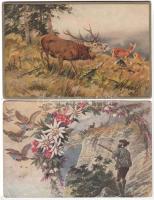 6 db RÉGI motívumképeslap, vadász, 1-1 floral és Emb., vegyes minőség / 6 old hunter motive postcard, 1 floral and 1 Emb., mixed quality