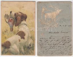 6 db RÉGI motívumképeslap, vadász, 1-1 floral és Emb., vegyes minőség / 6 old hunter motive postcard...