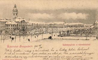 Szeged, Széchenyi tér, városháza, télen; kiadja Endrényi Imre (vágott / cut)