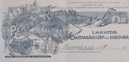 1894 Perge és Rozslay Lakatos Gazdasági Gép-és Ekegyár, Nagyvárad, díszes megírt számlalevél / Orade...