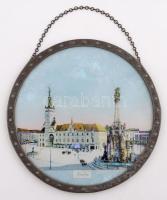 cca 1900 Olmütz/Olomuc gyöngyházberakásos városkép falidísz fémkeretben / Town view ornament with shell inlay in metal frame d:16cm