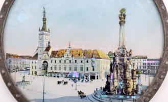 cca 1900 Olmütz/Olomuc gyöngyházberakásos városkép falidísz fémkeretben / Town view ornament with sh...