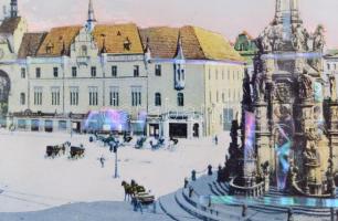 cca 1900 Olmütz/Olomuc gyöngyházberakásos városkép falidísz fémkeretben / Town view ornament with sh...