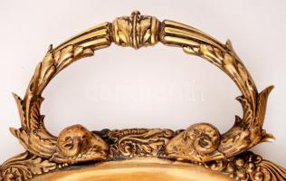 Nagyméretű gazdagon díszített füles tálca, réz, gravírozott, 71×45 cm