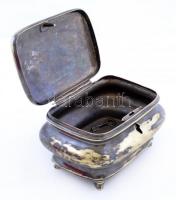 Jelzett cukortartó, ezüstözött alpakka, kulccsal, kopott, 13×9 cm, m:9 cm