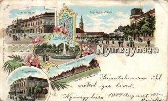 1899 Nyíregyháza, Fő tér, városháza, Népkert, Lovassági laktanya, Főgimnázium, Piringer János No. 2586. floral, Art Nouveau litho (Rb)