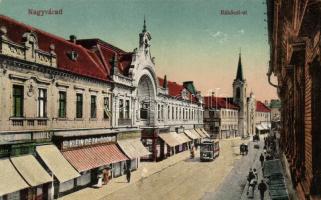 Nagyvárad, Oradea; Rákóczi út, villamos; Grünwald, Barabás, Klein Géza és Ödön, Újhelyi Róza üzletei / street, tram, shops