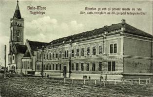 Nagybánya, Baia Mare; Görög Katolikus templom az állami polgári leányiskolával / church, girls school, '1940 Nagybánya visszatért' So. Stpl. (EK)