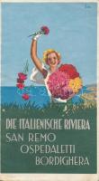 1936 Riviera dei Fiori, San Remo, Ospedaletti, Bordighera turisztikai nyomtatvány német nyelven, magyar nyelvű árlistával, pp.:17, 20x11cm