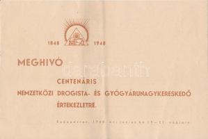 1948 Meghívó Centenáriás Nemzetközi Drogista- és Gyógyárunagykereskedő értekezletre, pp.:6, 16x24cm