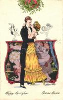 Bonnee Année / Happy New Year, romantic art postcard s: Xavier Sager (EB)