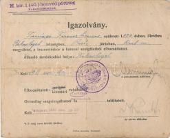 1918 Bp., A M. kit.1.(40.) honvéd pótüteg parancsnokság által kiadott leszerelési igazolás