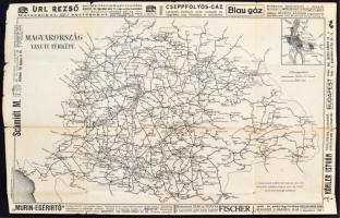 cca 1910 Magyarország vasúti térképe, reklámokkal, 46x30 cm