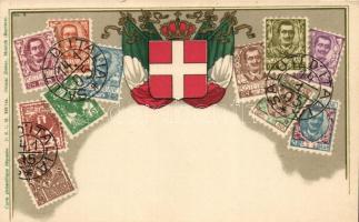 Italy; set of stamps, coat of arms, flag, Ottmar Ziehers Carte Philatelique No. 9. litho