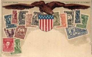United States of America; set of stamps, coat of arms, eagle, Ottmar Ziehers Briefmarkenkarte litho