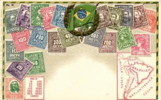 Brazília, bélyegek, zászló, térkép; Ottmar Zieher's Carte Philatelique No. 84., dombornyomat, litho (tűnyom), Brazilien, Brazil; set of stamps, flag, map, Ottmar Zieher's Carte Philatelique No. 84. Emb. litho (pinhole)