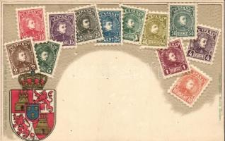 Espana, Spain; set of stamps, coat of arms, Ottmar Ziehers Carte Philatelique No. 3. Emb. litho