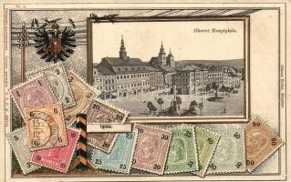 Jihlava, Iglau; Oberer Hauptplatz / square, stamps, coat of arms, Ottmar Zieher's Philatelie-Ansichtskarte Nr. 6. Emb. litho (b)