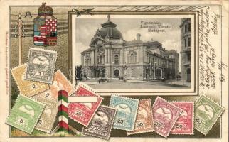Budapest XIII. Vígszínház, bélyegek,címer, Ottmar Ziehers Philatelie-Ansichtskarte litho (EB)