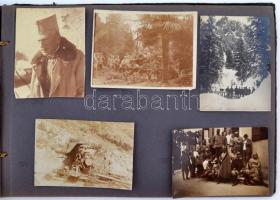 cca 1914-1918 Fotóalbum az I. világháborúból, 58 db fotóval, 6x4,5 és 14x9 cm közötti méretekben /
...