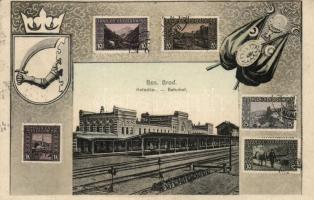 Bosanski Brod, Kolodvor / Bahnhof / railway station, stamps, coat of arms, flag (wet damage)