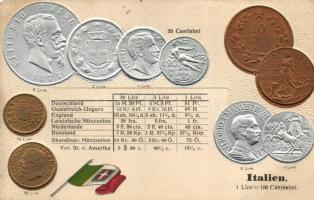 Italien, Italy; set of coins, flag, silver and golden Emb. litho (EB)