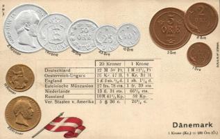 Dänemark, Denmark; set of coins, flag, silver and golden Emb. litho