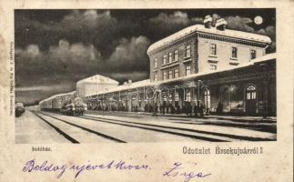 Érsekújvár, Nové Zámky; indóház, vasútállomás télen, kiadja Conlegner J. és fia / railway station, winter (fl)