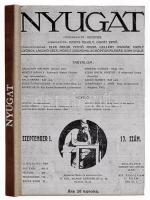 1921, 1925 A Nyugat című folyóirat két száma könyvbe kötve, benne Kosztolányi Dezső, Szerb Antal, Babits Mihály, Móricz Zsigmond és mások írásaival